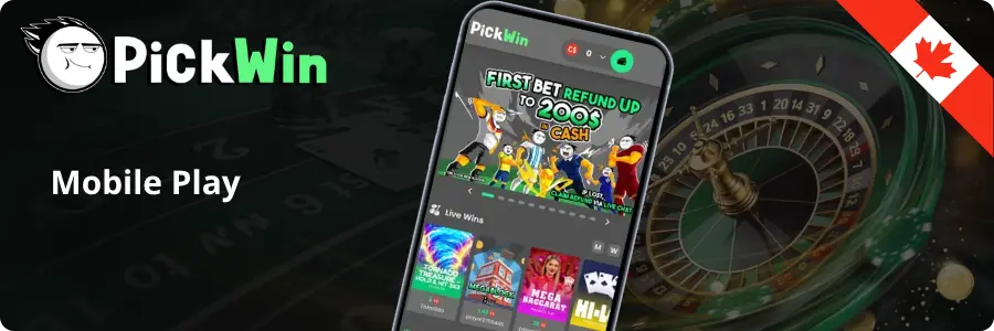 PickWin mobile app on smartphone with First Bet Refund promotion