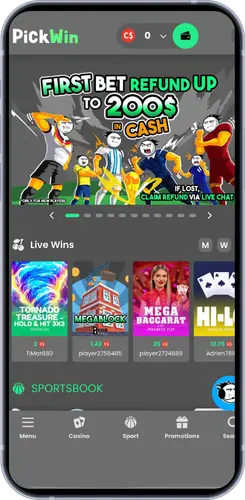 PickWin app homepage with First Bet Refund up to 200$ promotion and live wins