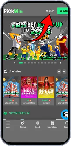 PickWin casino homepage showing First Bet Refund offer with red arrow