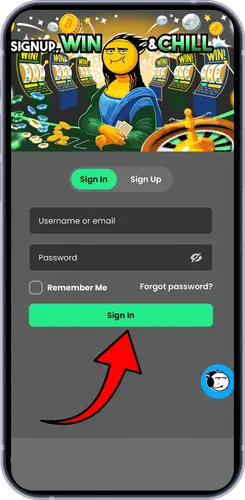 PickWin login page with Sign Up Win & Chill banner and red arrow to Sign In