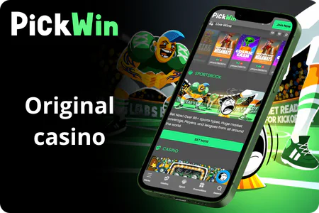 The original PickWin casino lobby open on a smartphone, not the unrelated betting product from the app stores